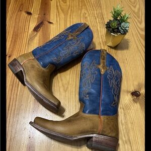 JB Dillon Reserve Men's 9.5 B Leather Cowboy Western Boots Blue Brown Square Toe